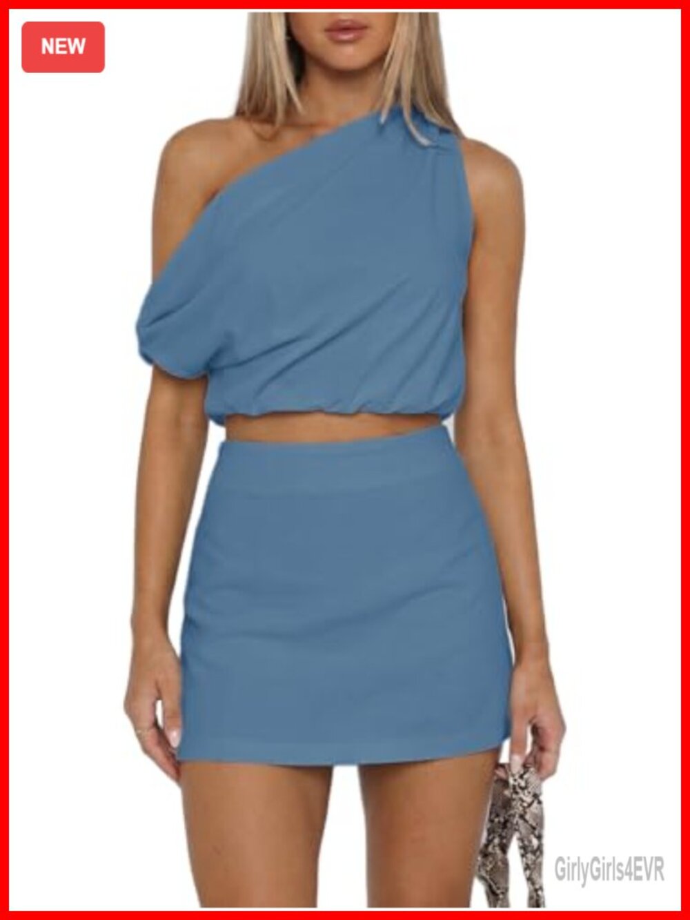 Two Piece Skirt Set One Shoulder Crop Top High Waisted Mini Bodycon